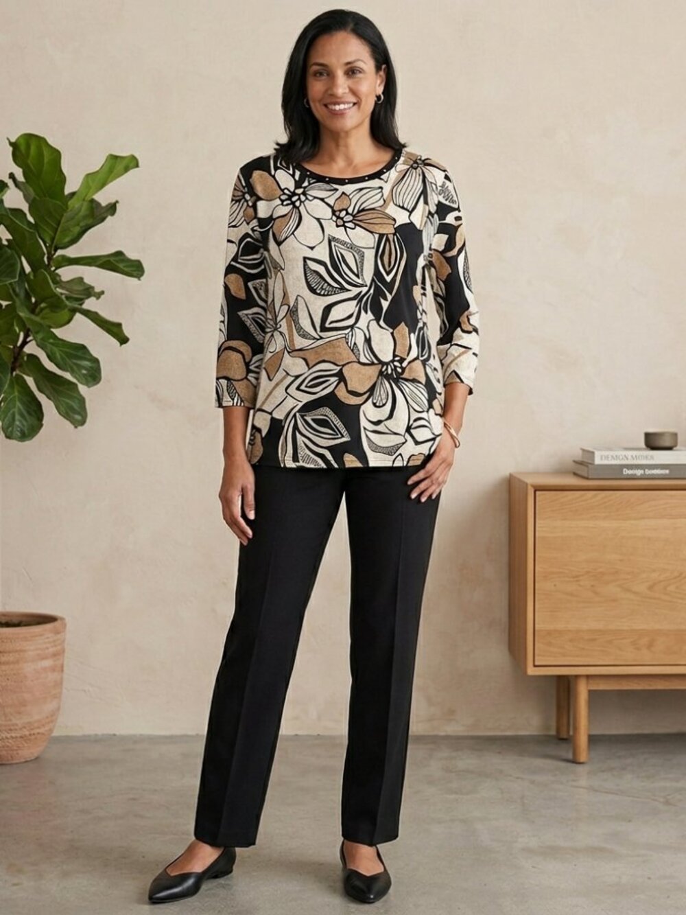 Alfred Dunner Women's Large Floral Top - Black and Tan